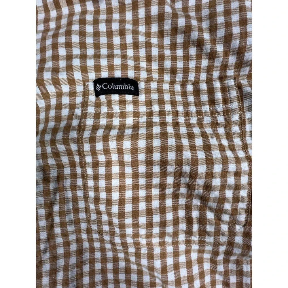 Columbia Mens XL Button Up Tan Brown Plaid Checkered Shirt Grunge Autumn Fall